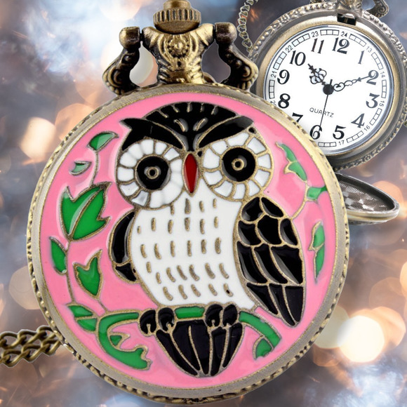 Pocket Watch Accessories - Owl Watch Pendant NEW Pink Enamel Metal Pocket Watch Necklace
